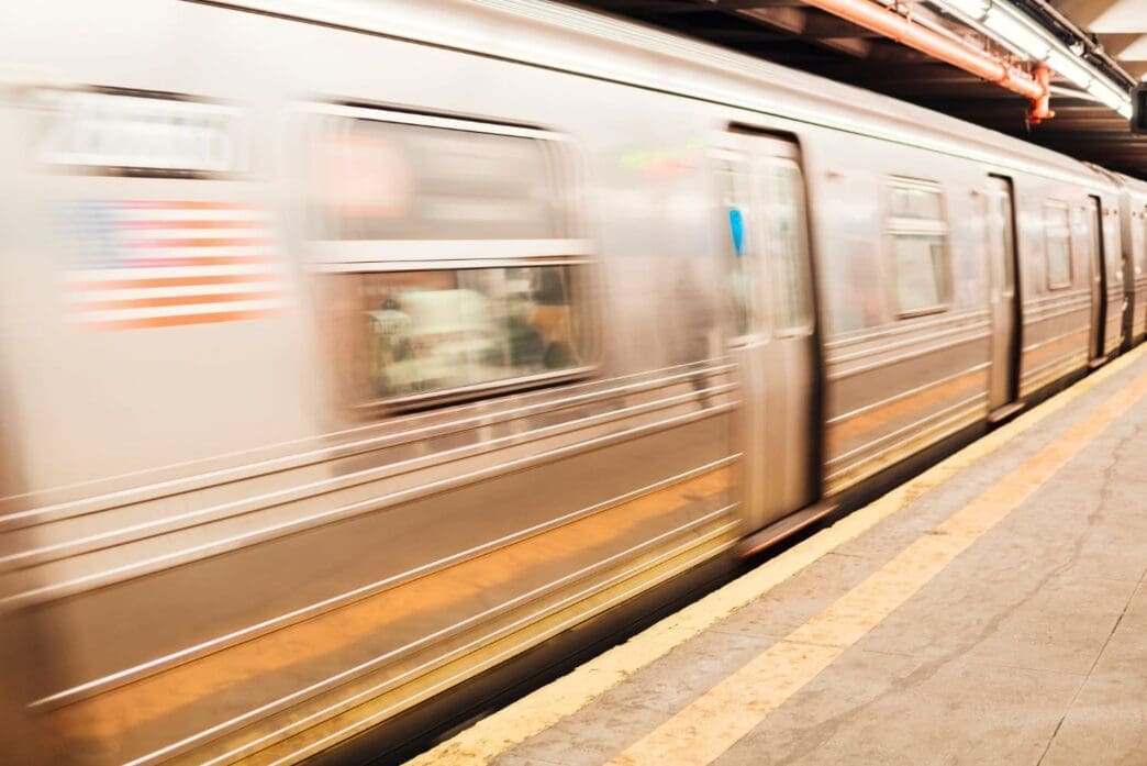 New York Metro train arriving at the railway station.