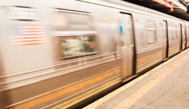 New York Metro train arriving at the railway station.