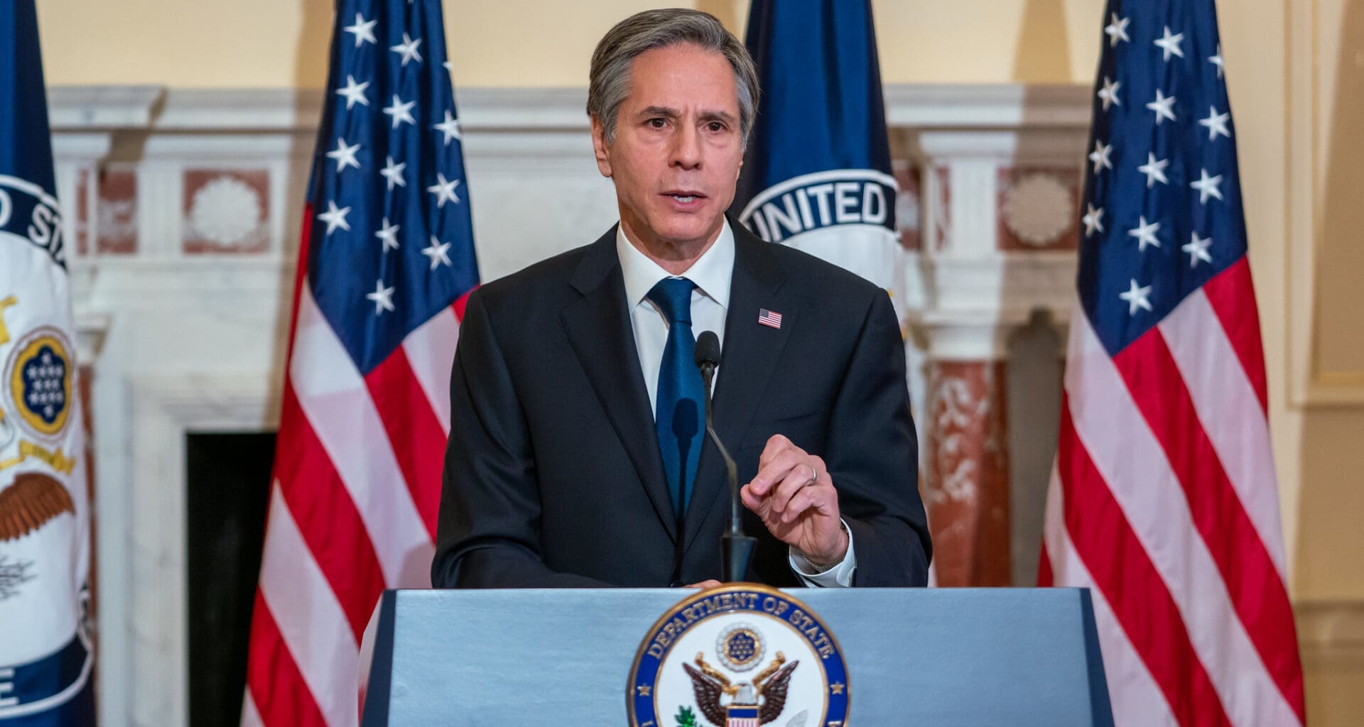 Secretary of State Antony J. Blinken delivers a speech on U.S. foreign policy at the U.S. Department of State in Washington, D.C., on March 3, 2021