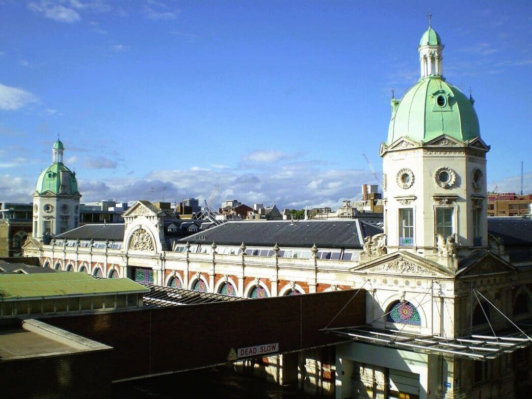 View of Smithfield Meat Market towers from nearby building. By James Ketteringham - Own work, Public Domain, via Commons Wikimedia.