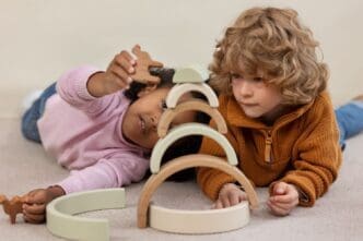 Wide-angle shot of children playing with eco-friendly toys