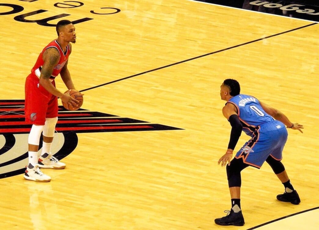 Lillard being defended by Russell Westbrook with the Trail Blazers in January 2016