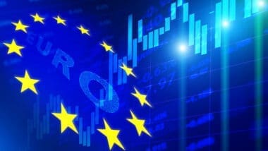 A Stock market background with a Flag of the European Union and market charts