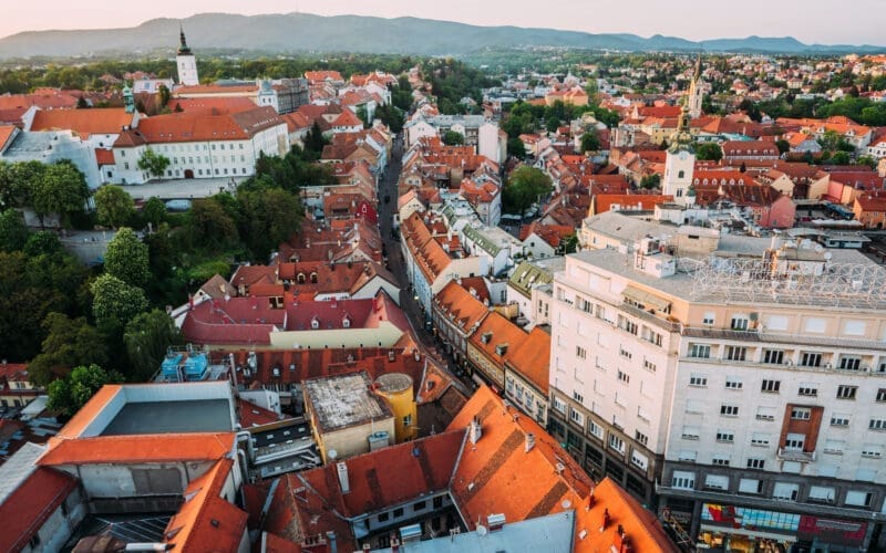 Zagreb Croatia. Aerial View from above of Ban Jelacic Square