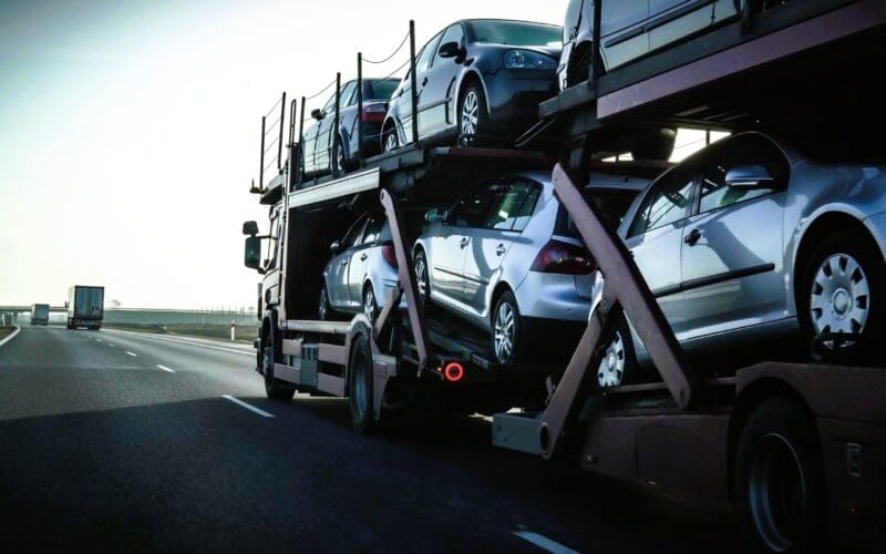 A car transport trailer filled with numerous vehicles travels along a highway