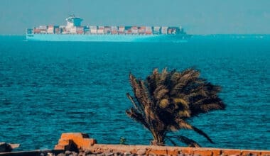 A cargo ship traversing the Suez Gulf