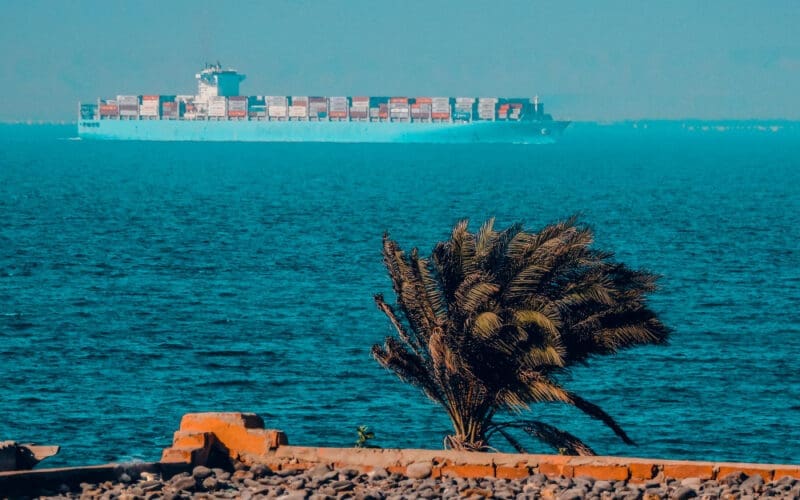 A cargo ship traversing the Suez Gulf