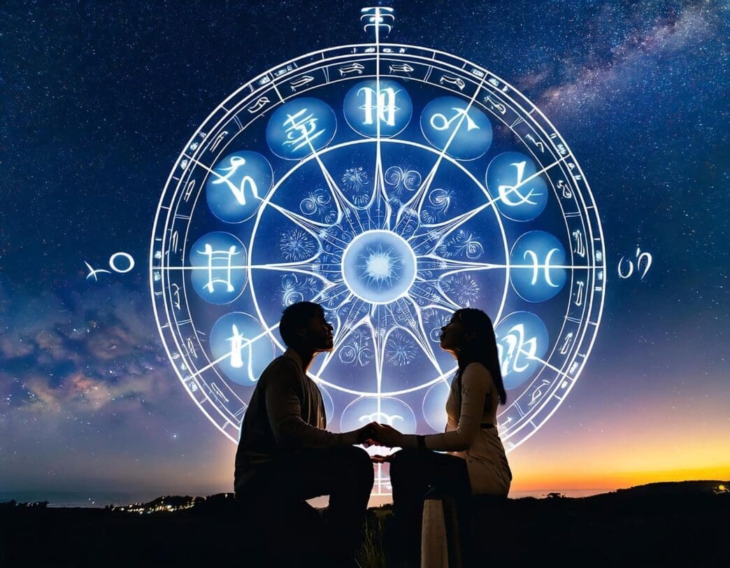 A couple discovers love beneath a starry sky, with the zodiac wheel representing their fate