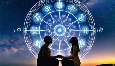 A couple discovers love beneath a starry sky, with the zodiac wheel representing their fate