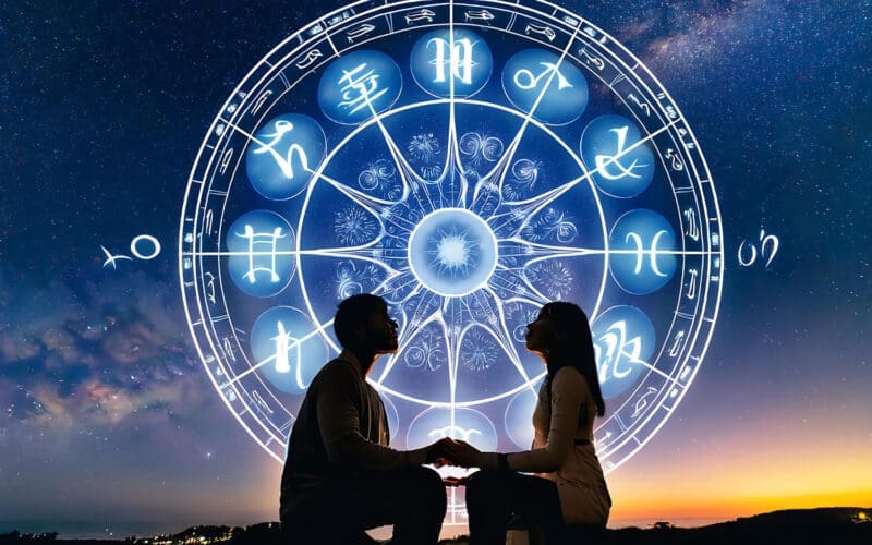 A couple discovers love beneath a starry sky, with the zodiac wheel representing their fate