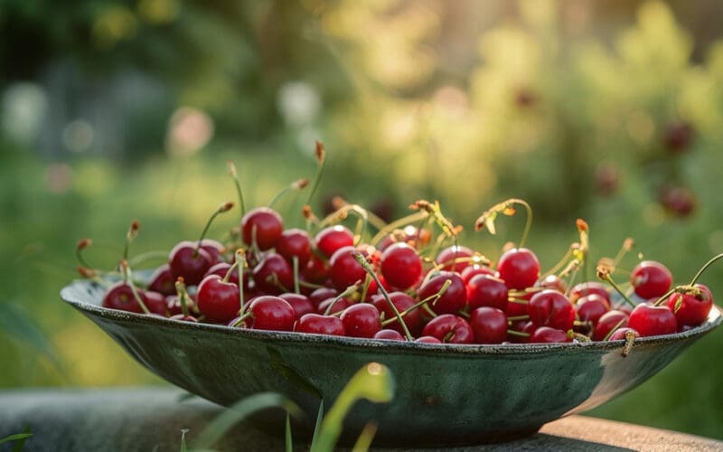 A dish of cherries nestled in a garden