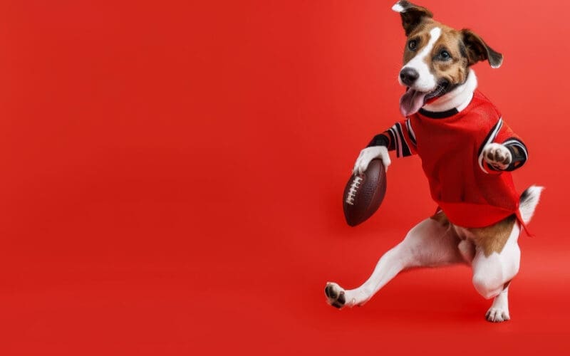 A dog in football gear kicking a field goal like a human against a solid red background. AI-generated image.