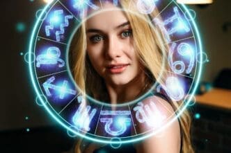 A horoscope-themed concept featuring zodiac signs destined for fame, with a striking portrait of a beautiful girl set against a backdrop of a circular arrangement of zodiac symbols