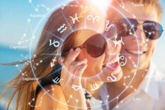 A loving and happy couple surrounded by a zodiac wheel, representing the concept of wealth in their horoscope