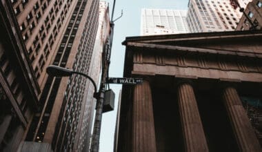 A low-angle shot capturing the Wall Street sign alongside towering business and financial buildings in New York City