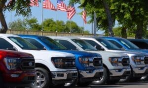 A row of new Ford F-150 trucks for sale at a Phoenix area new car dealership