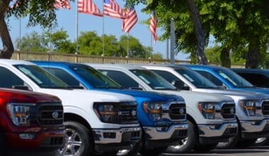 A row of new Ford F-150 trucks for sale at a Phoenix area new car dealership