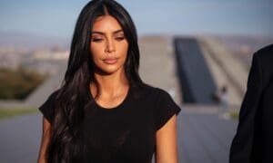 A shallow focus shot of Kim Kardashian visits the Armenian Genocide Memorial Complex in Yerevan, Armenia