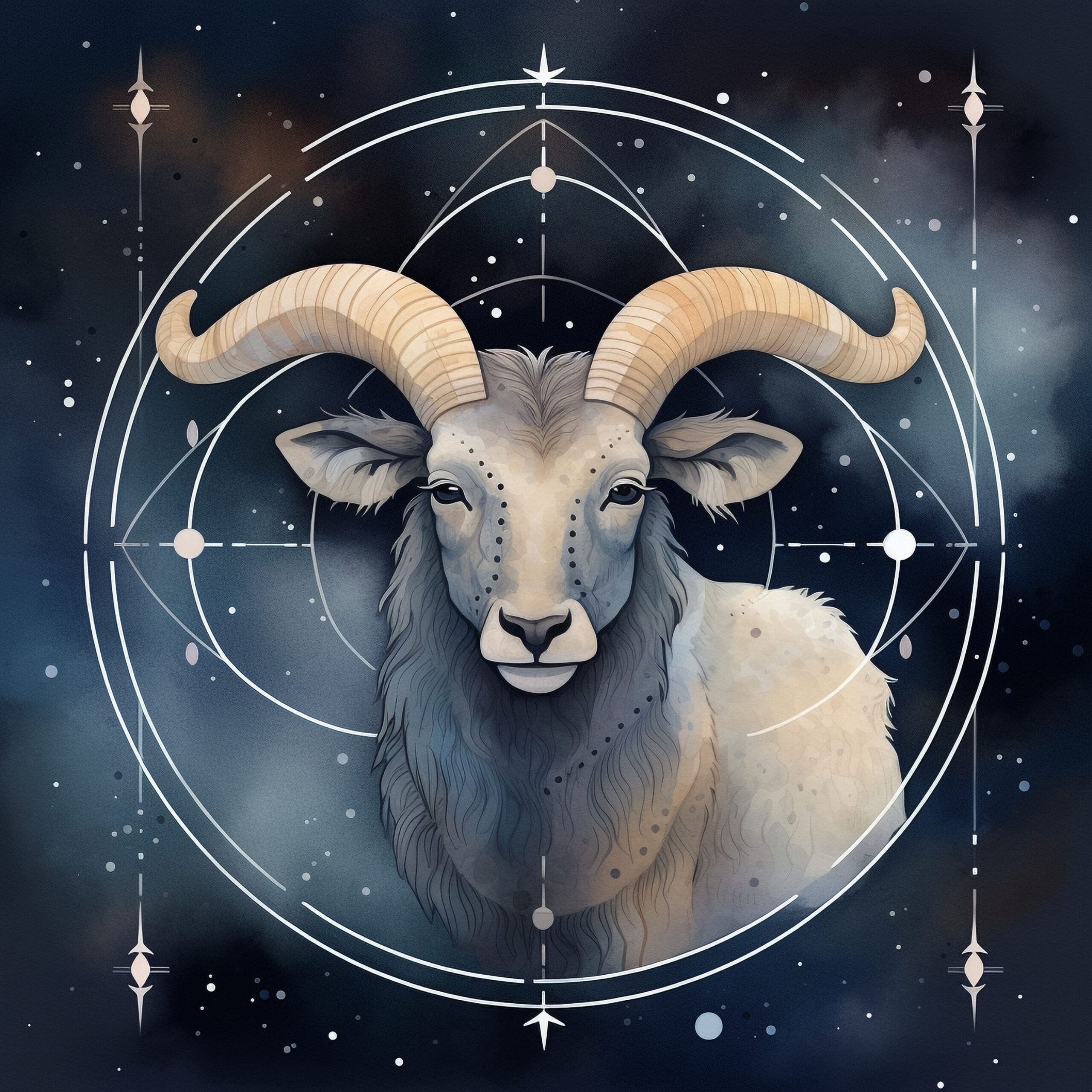 A sheep with horns is shown in a circle