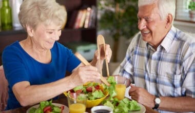 A smiling senior couple enjoying a healthy breakfast