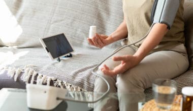 A woman taking a close-up measurement of her blood pressure at home