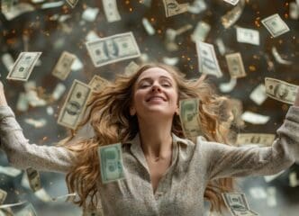 A young, beautiful woman in a fantastical setting of abundance and wealth