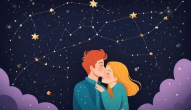 A young couple enveloped by a constellation of self-love stars in the night sky