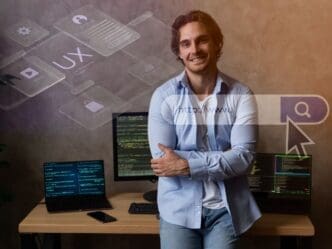 A young entrepreneur developing a passive income business using AI tools and automation