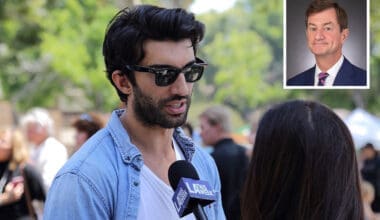 Actor Justin Baldoni talks to a reporter at the “Rocket’s Universe” grand opening, which is the 64th universally accessible playground built by Shane’s Inspiration