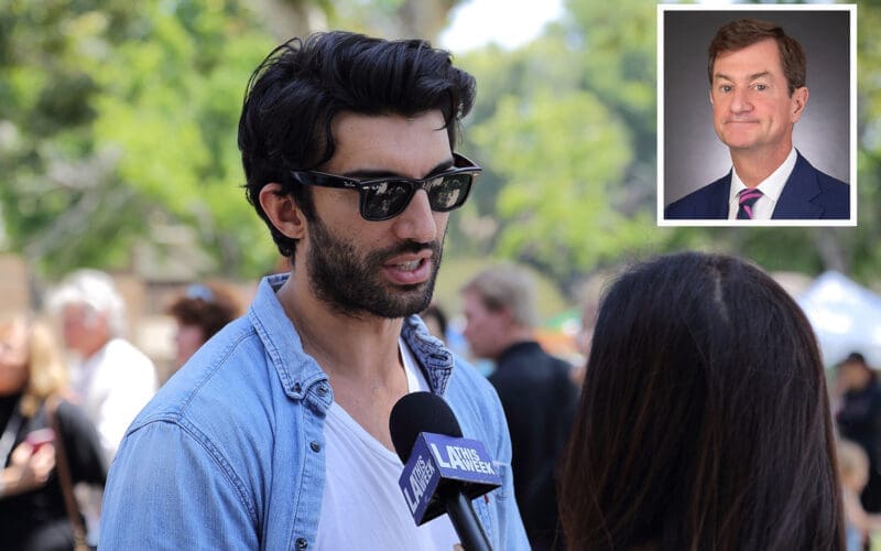 Actor Justin Baldoni talks to a reporter at the “Rocket’s Universe” grand opening, which is the 64th universally accessible playground built by Shane’s Inspiration