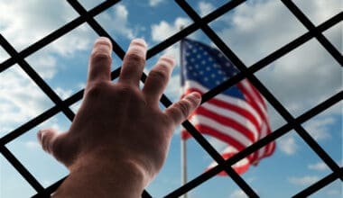 American flag displayed through wire mesh, symbolizing the concept of deportation