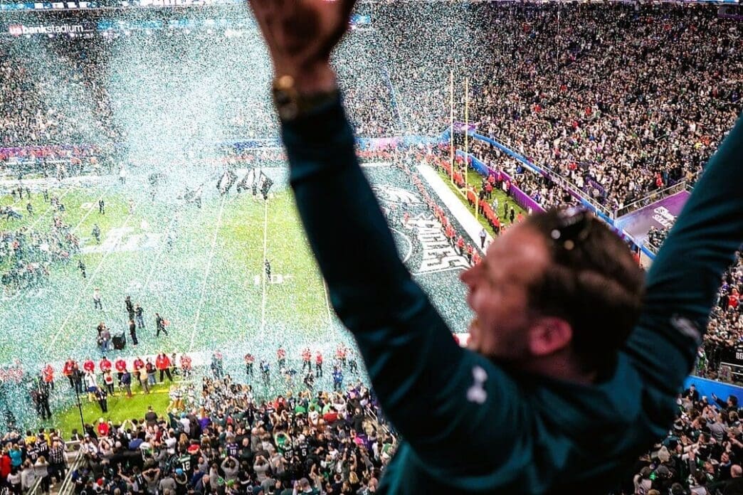 An Eagles fan at U.S. Bank Stadium celebrates the Eagles Super Bowl LII victory on February 4, 2018