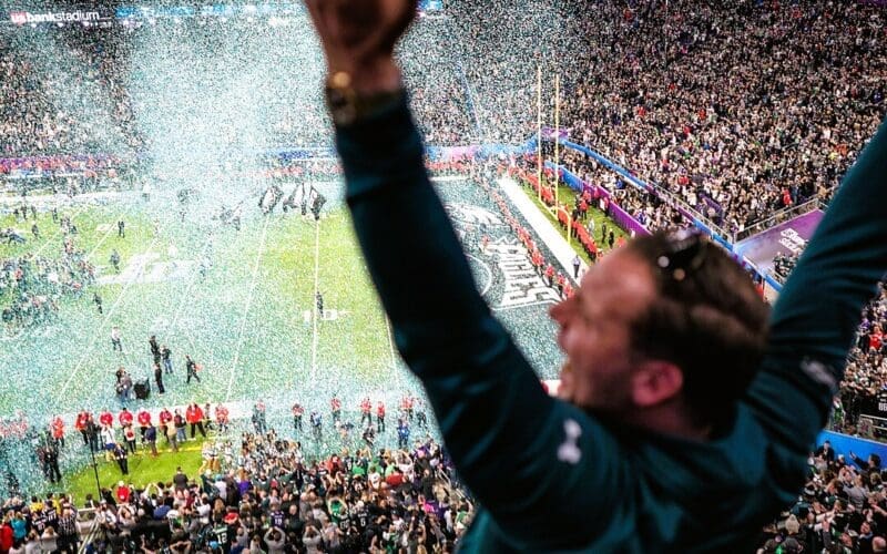 An Eagles fan at U.S. Bank Stadium celebrates the Eagles Super Bowl LII victory on February 4, 2018