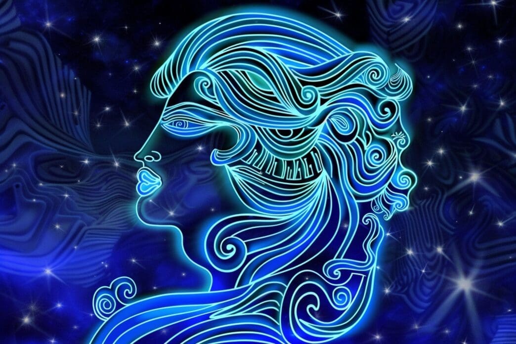 A vibrant neon blue illustration of a human head in profile, stylized with flowing wavy lines resembling water, set against a dark blue cosmic background with sparkling stars, representing the Aquarius zodiac sign.