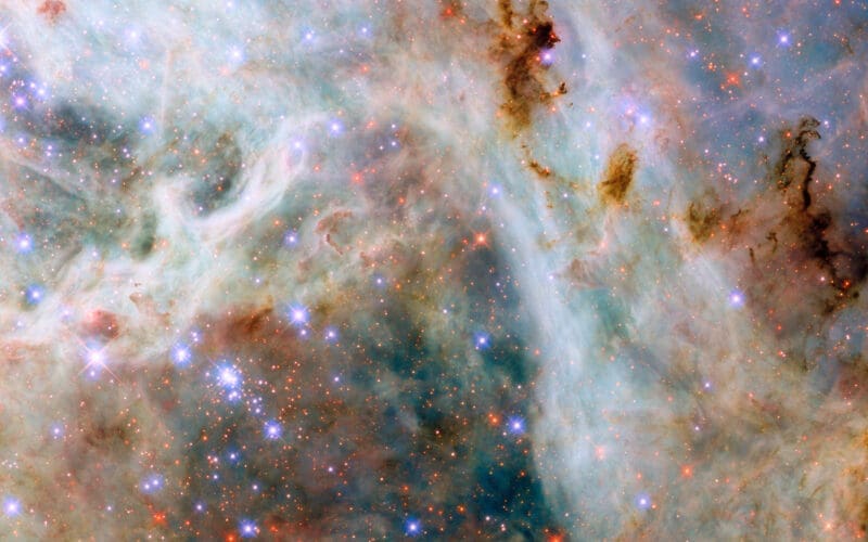 This NASA/ESA Hubble Space Telescope reveals clouds of gas and dust near the Tarantula Nebula, located in the Large Magellanic Cloud about 160,000 light-years away.