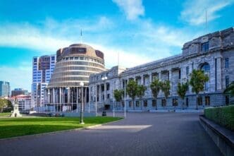 Bee Hive and Parliament House in Wellington, New Zealand.