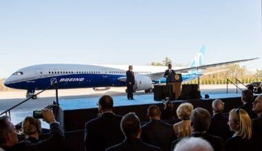 Boeing CEO Dennis Muilenburg and US President Donald Trump at the 787-10 Dreamliner rollout ceremony in 2017