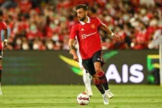Bruno Fernandes #8 of Manchester United control the ball during the Match Manchester Utd and Liverpool at Rajamangala Stadium on July12 2022, Bangkok Thailand