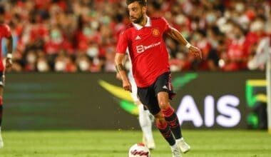 Bruno Fernandes #8 of Manchester United control the ball during the Match Manchester Utd and Liverpool at Rajamangala Stadium on July12 2022, Bangkok Thailand