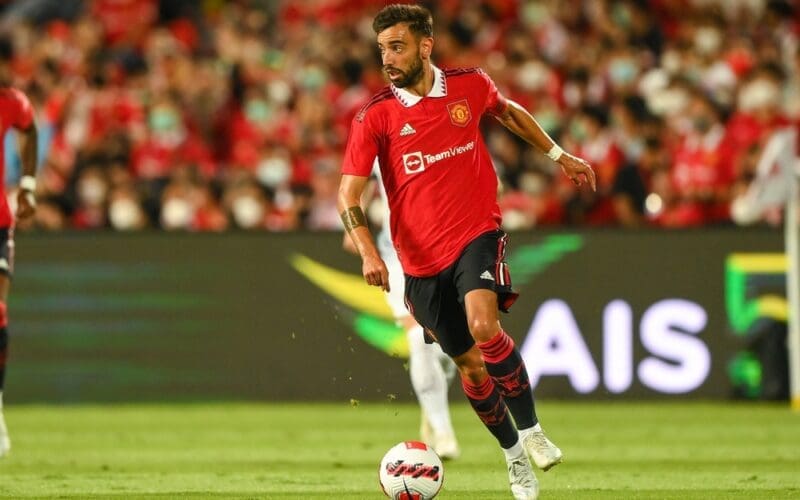 Bruno Fernandes #8 of Manchester United control the ball during the Match Manchester Utd and Liverpool at Rajamangala Stadium on July12 2022, Bangkok Thailand