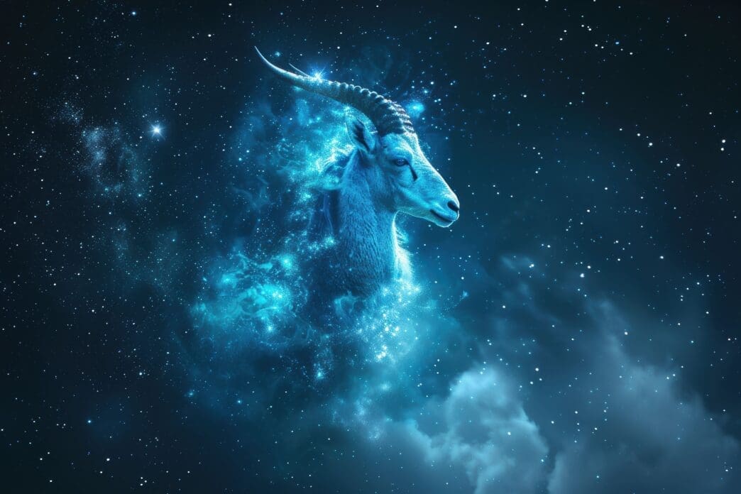 A majestic blue-toned cosmic goat with large horns, emerging from a swirling blue nebula and glowing stars, set against a dark, starry cosmic background, representing the Capricorn zodiac sign.