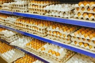 Cardboard trays with chicken eggs on shelves at supermarket