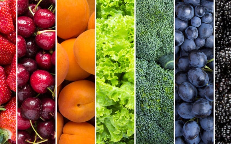 Close-up collage of berries, fruits, and vegetables