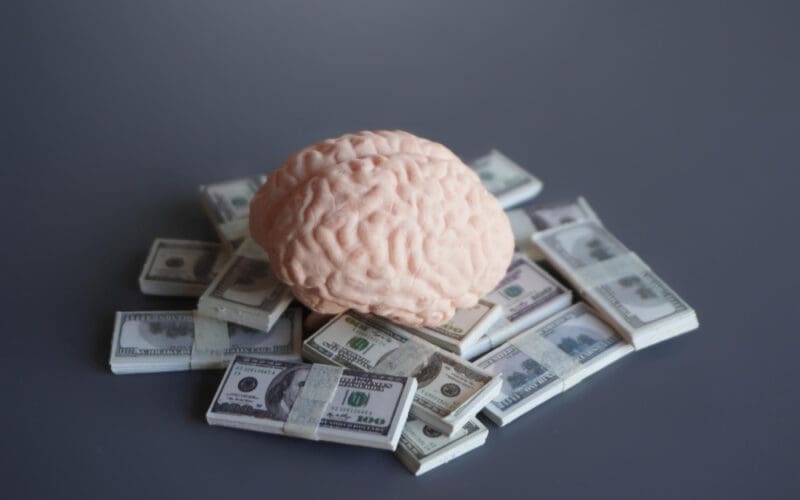 Close-up image of a brain alongside money, representing a business mindset focused on investing.