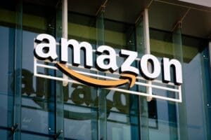 Closeup of Amazon logo on the company office building in Palo Alto, Silicon Valley, San Francisco Bay Area
