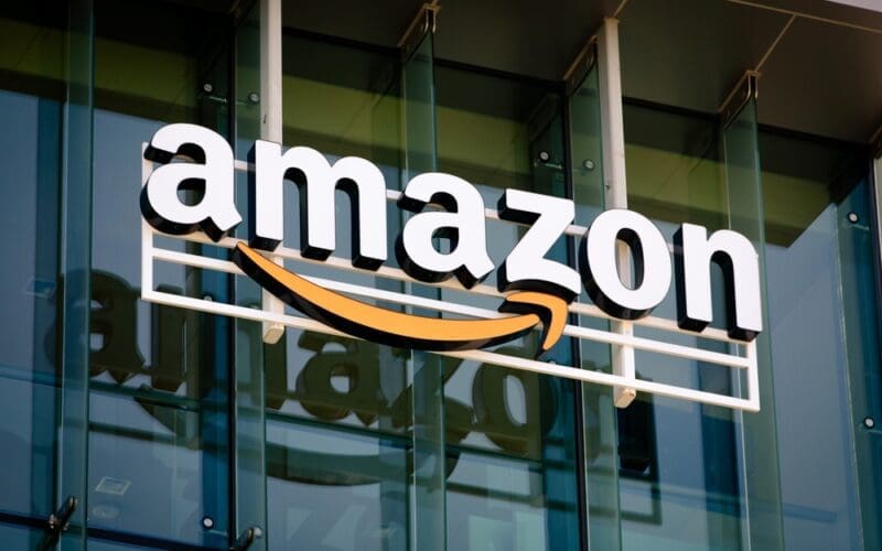Closeup of Amazon logo on the company office building in Palo Alto, Silicon Valley, San Francisco Bay Area