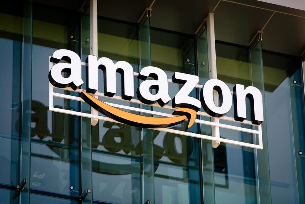 Closeup of Amazon logo on the company office building in Palo Alto, Silicon Valley, San Francisco Bay Area