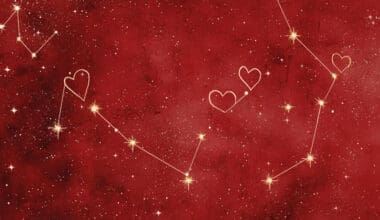 Cosmic red backdrop featuring heart-shaped constellations