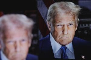 Donald Trump new official portrait. The president of the United States of America displayed on the screen. January 20, 2025.
