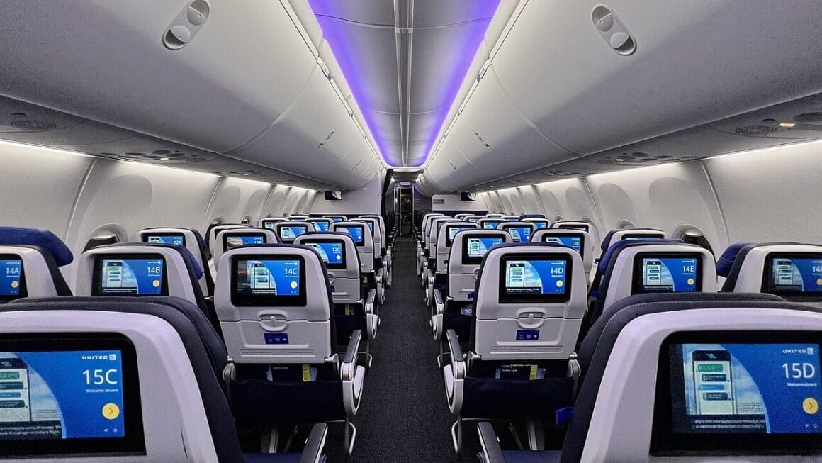 Economy cabin on a United Airlines 737 MAX.